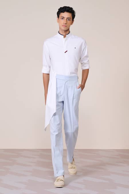 S&N By Shantnu Nikhil Off White Bamboo Embroidery Designer Shirt With Faux Leather Collar 