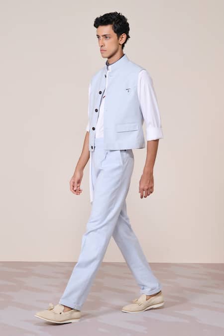 S&N By Shantnu Nikhil Blue Linen Embroidery Light Minimalist Waistcoat Online at Aza Fashions S&N By Shantnu Nikhil_Blue Linen Embroidery Light Minimalist Waistcoat_Online_at_Aza_Fashions