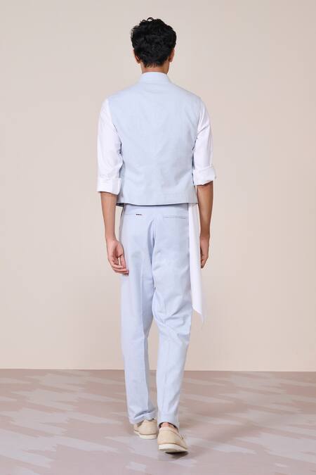 Shop S&N By Shantnu Nikhil Blue Linen Embroidery Light Minimalist Waistcoat at Aza Fashions Shop_S&N By Shantnu Nikhil_Blue Linen Embroidery Light Minimalist Waistcoat_at_Aza_Fashions