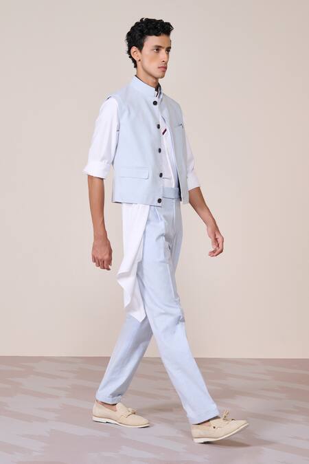 Buy S&N By Shantnu Nikhil Blue Linen Embroidery Light Minimalist Waistcoat Online at Aza Fashions Buy_S&N By Shantnu Nikhil_Blue Linen Embroidery Light Minimalist Waistcoat_Online_at_Aza_Fashions