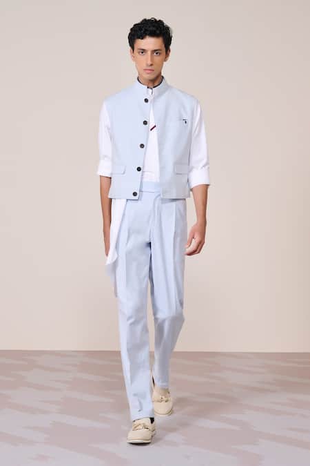 S&N By Shantnu Nikhil Blue Linen Embroidery Light Minimalist Waistcoat 