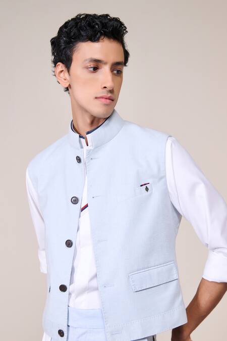 Shop S&N By Shantnu Nikhil Blue Linen Embroidery Light Minimalist Waistcoat Online at Aza Fashions Shop_S&N By Shantnu Nikhil_Blue Linen Embroidery Light Minimalist Waistcoat_Online_at_Aza_Fashions