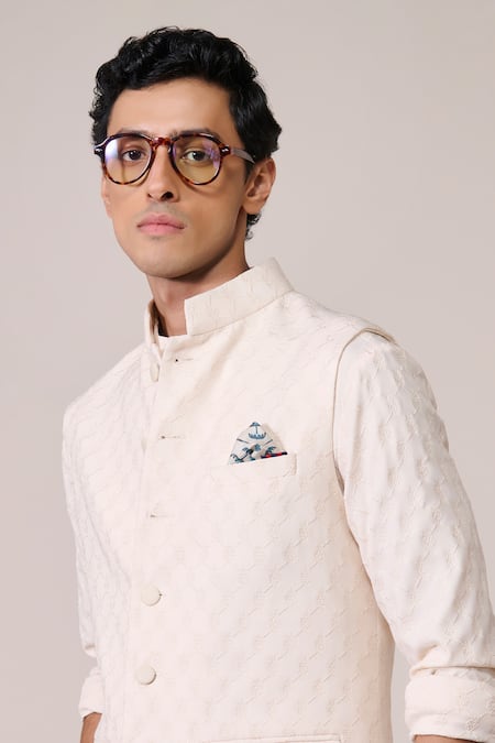 S&N By Shantnu Nikhil_Off White Rayon Embroidered Nehru Jacket_Online_at_Aza_Fashions