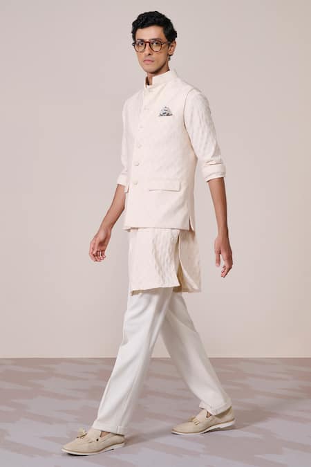 Shop_S&N By Shantnu Nikhil_Off White Rayon Embroidered Nehru Jacket_Online_at_Aza_Fashions