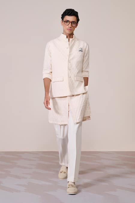 S&N By Shantnu Nikhil Off White Rayon Embroidered Nehru Jacket 
