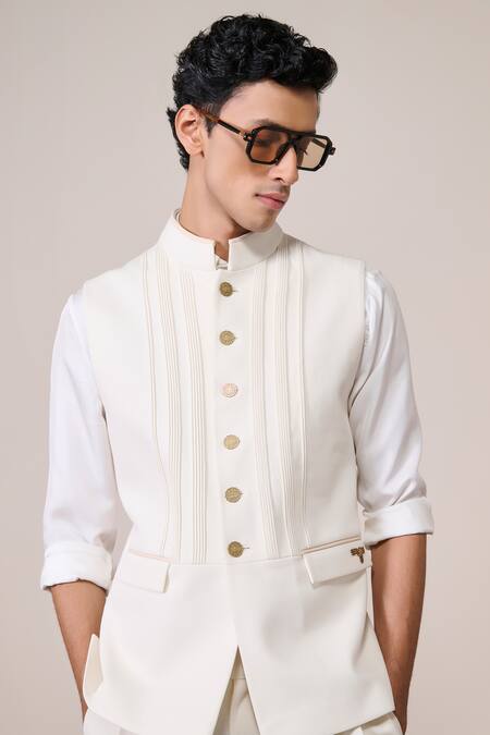 S&N By Shantnu Nikhil_Off White Twill, Silk Embroidery Sartorial Nehru Jacket_Online_at_Aza_Fashions