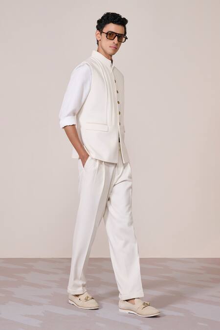 Buy_S&N By Shantnu Nikhil_Off White Twill, Silk Embroidery Sartorial Nehru Jacket_Online_at_Aza_Fashions
