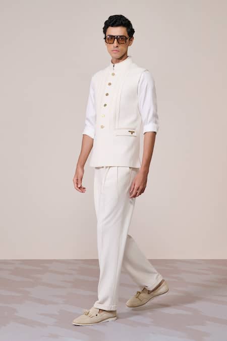 Shop_S&N By Shantnu Nikhil_Off White Twill, Silk Embroidery Sartorial Nehru Jacket_Online_at_Aza_Fashions