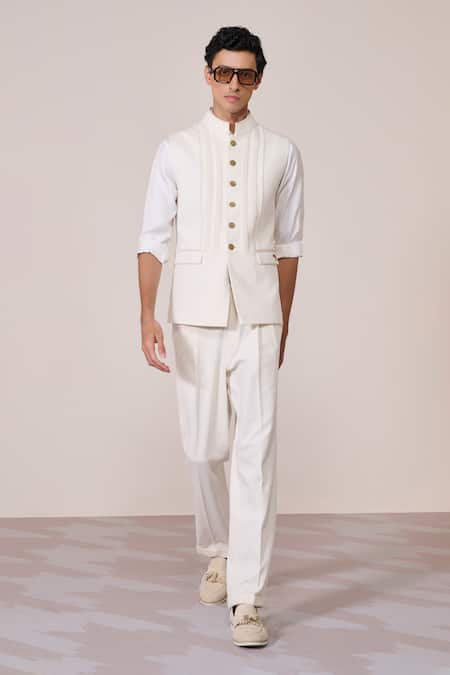 S&N By Shantnu Nikhil Off White Twill, Silk Embroidery Sartorial Nehru Jacket 