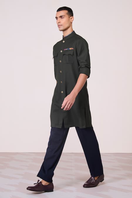 S&N By Shantnu Nikhil_Green Rayon, Spandex Military Minimalist Kurta_Online_at_Aza_Fashions