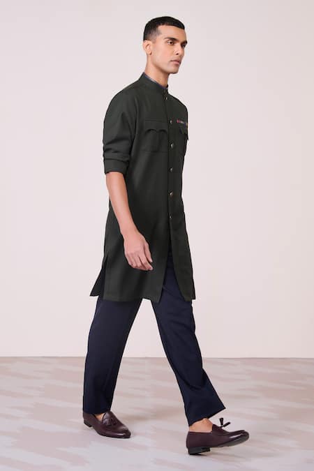 Buy_S&N By Shantnu Nikhil_Green Rayon, Spandex Military Minimalist Kurta_Online_at_Aza_Fashions