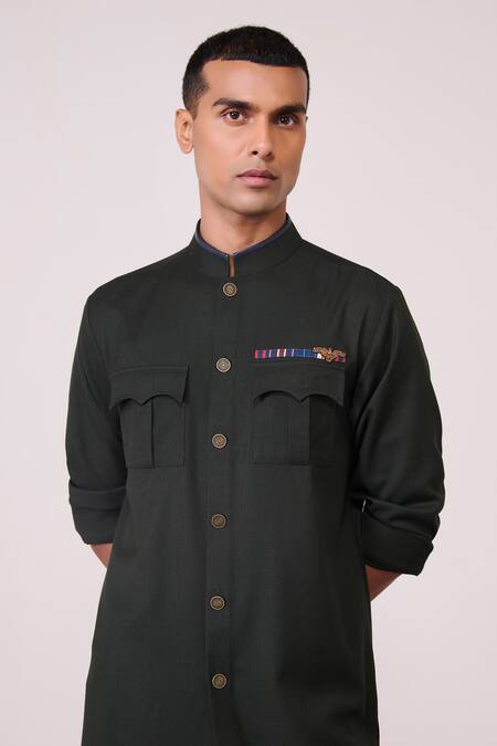 Shop_S&N By Shantnu Nikhil_Green Rayon, Spandex Military Minimalist Kurta_Online_at_Aza_Fashions