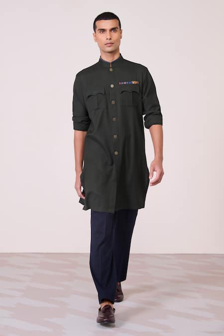S&N By Shantnu Nikhil Green Rayon, Spandex Military Minimalist Kurta 