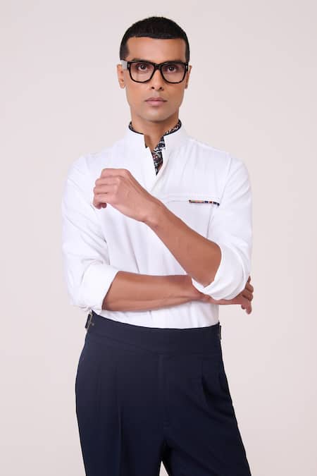 S&N By Shantnu Nikhil_Off White Rayon, Spandex Nehru-collar Designer Shirt_Online_at_Aza_Fashions