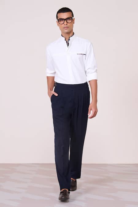 S&N By Shantnu Nikhil Off White Rayon, Spandex Nehru-collar Designer Shirt 