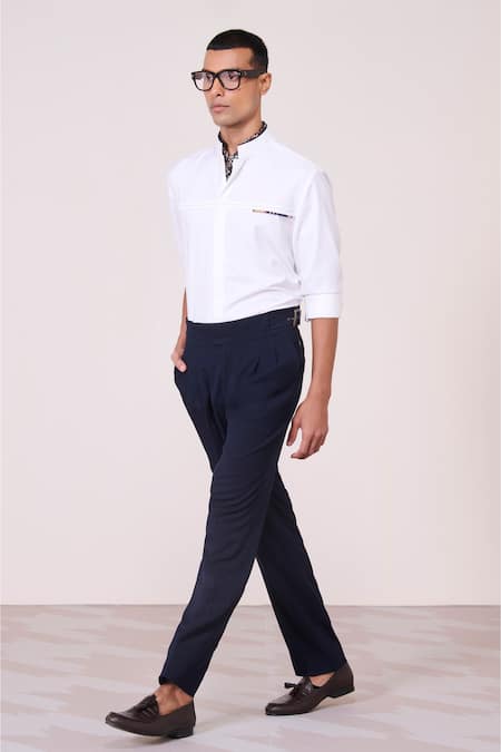 Buy_S&N By Shantnu Nikhil_Off White Rayon, Spandex Nehru-collar Designer Shirt_Online_at_Aza_Fashions