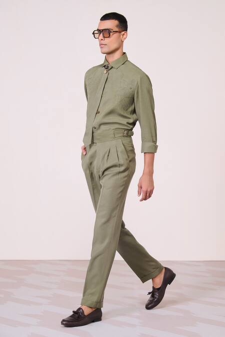 S&N By Shantnu Nikhil_Olive Green Linen Machine Embroidered Shirt_Online_at_Aza_Fashions