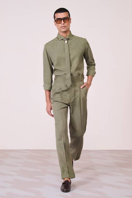 S&N By Shantnu Nikhil Olive Green Linen Machine Embroidered Shirt 