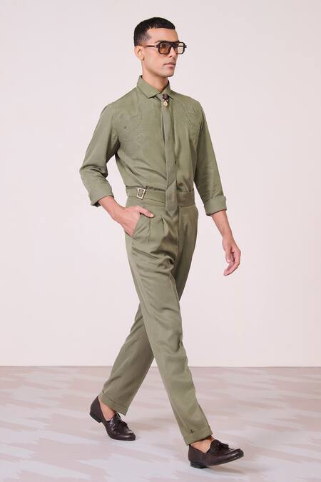 Buy_S&N By Shantnu Nikhil_Olive Green Linen Machine Embroidered Shirt_Online_at_Aza_Fashions