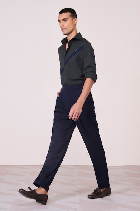 S&N By Shantnu Nikhil_Green Tencel, Rayon, Spandex Embroidery Military Color-block Shirt_Online_at_Aza_Fashions