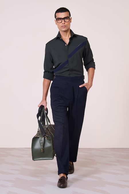 S&N By Shantnu Nikhil Green Tencel, Rayon, Spandex Embroidery Military Color-block Shirt 