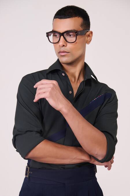 Shop_S&N By Shantnu Nikhil_Green Tencel, Rayon, Spandex Embroidery Military Color-block Shirt_Online_at_Aza_Fashions