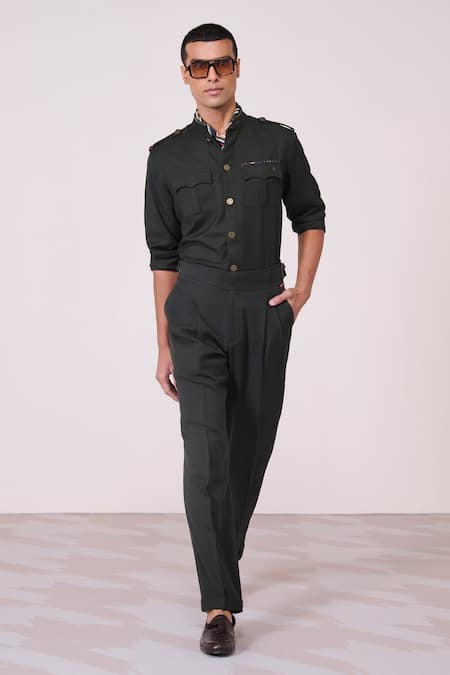 S&N By Shantnu Nikhil Green Tencel, Rayon, Spandex Embroidery Military Honeycomb Shirt 