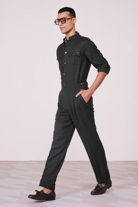 S&N By Shantnu Nikhil_Green Tencel, Rayon, Spandex Embroidery Military Honeycomb Shirt_Online_at_Aza_Fashions