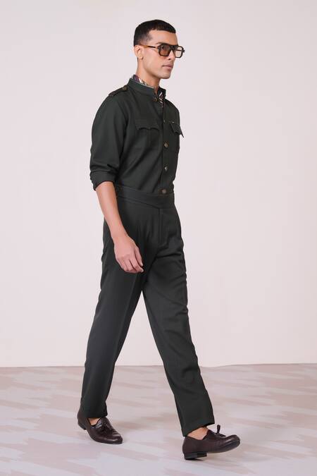 Buy_S&N By Shantnu Nikhil_Green Tencel, Rayon, Spandex Embroidery Military Honeycomb Shirt_Online_at_Aza_Fashions