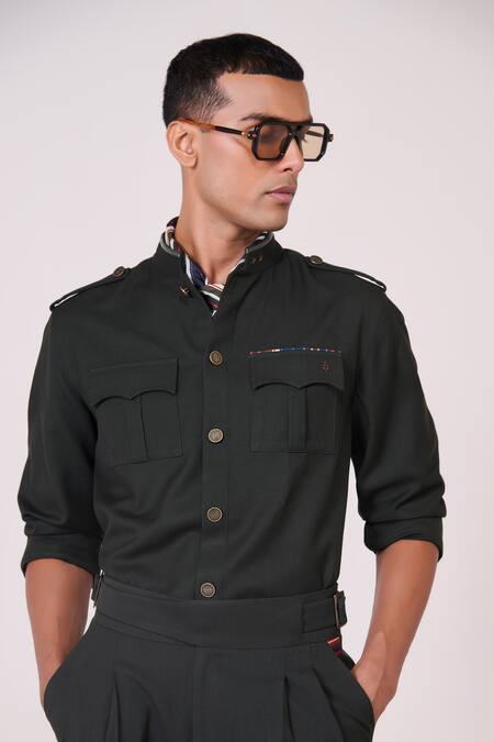 Shop_S&N By Shantnu Nikhil_Green Tencel, Rayon, Spandex Embroidery Military Honeycomb Shirt_Online_at_Aza_Fashions