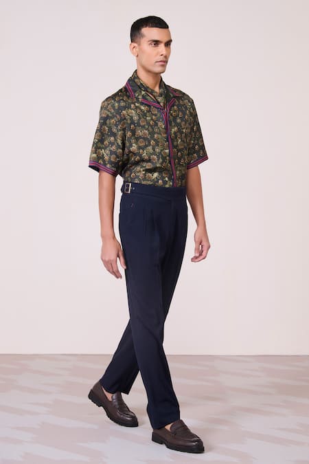 S&N By Shantnu Nikhil_Green Silk, Twill Embroidery Houndstooth Print Shirt_Online_at_Aza_Fashions