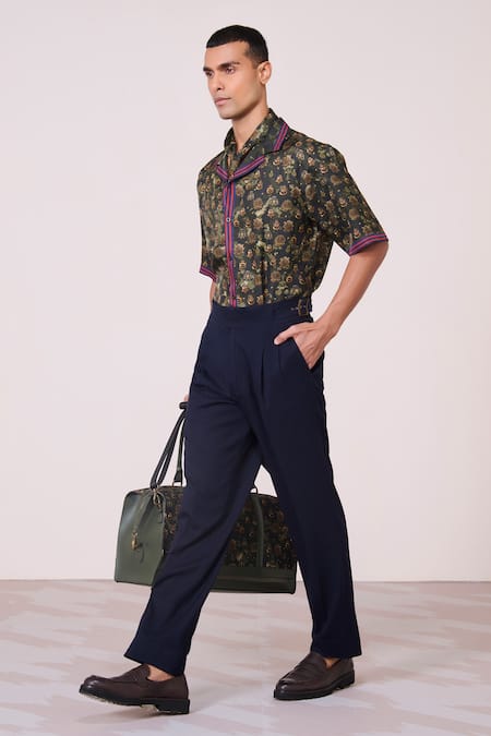 Buy_S&N By Shantnu Nikhil_Green Silk, Twill Embroidery Houndstooth Print Shirt_Online_at_Aza_Fashions