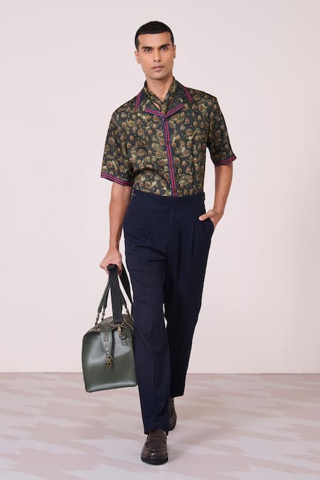 S&N By Shantnu Nikhil Green Silk, Twill Embroidery Houndstooth Print Shirt 