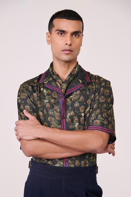 Shop_S&N By Shantnu Nikhil_Green Silk, Twill Embroidery Houndstooth Print Shirt_Online_at_Aza_Fashions