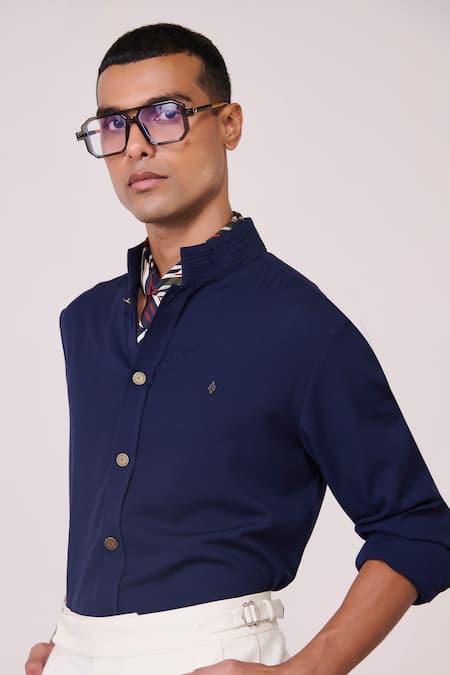 Shop S&N By Shantnu Nikhil Navy Rayon, Spandex Embroidery Shirt With Metallic Adamas Detailing Online at Aza Fashions Shop_S&N By Shantnu Nikhil_Navy Rayon, Spandex Embroidery Shirt With Metallic Adamas Detailing_Online_at_Aza_Fashions