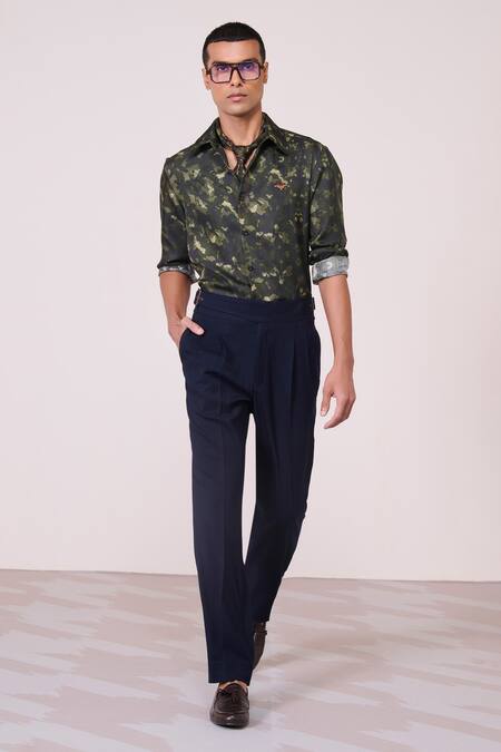 S&N By Shantnu Nikhil_Green Silk, Twill Embroidery Camo Printed Shirt_Online_at_Aza_Fashions
