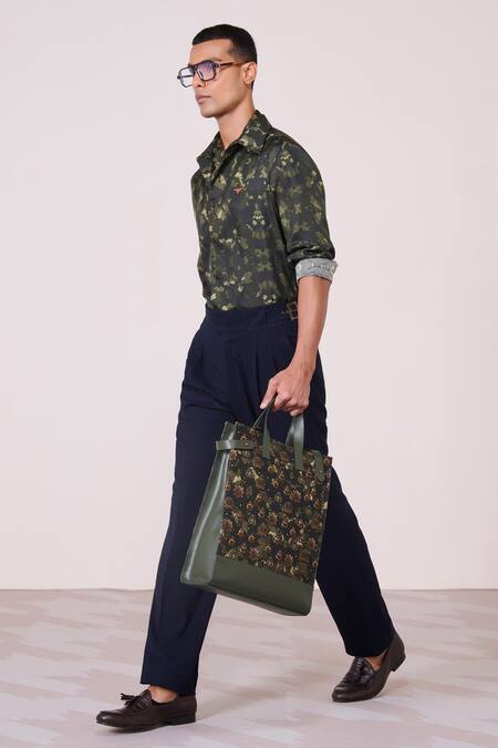 Shop_S&N By Shantnu Nikhil_Green Silk, Twill Embroidery Camo Printed Shirt_Online_at_Aza_Fashions