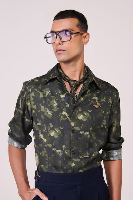 S&N By Shantnu Nikhil_Green Silk, Twill Embroidery Camo Printed Shirt_at_Aza_Fashions