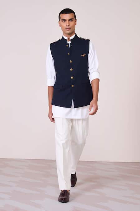 S&N By Shantnu Nikhil Navy Rayon, Spandex, Tencel Faux Leather Accent Waistcoat 