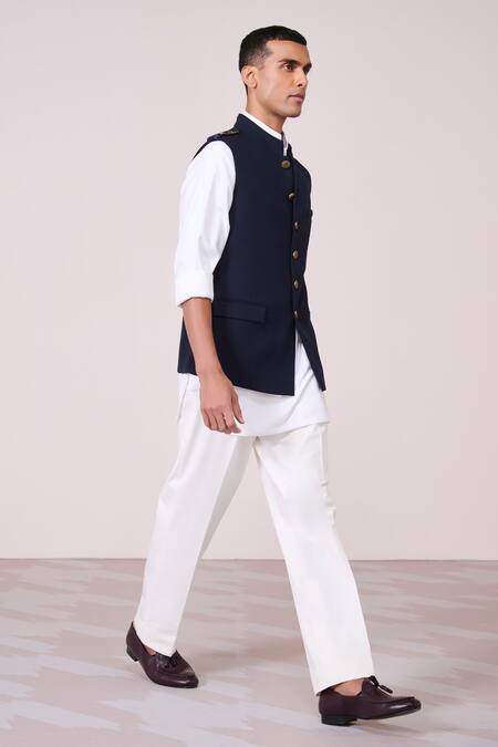 S&N By Shantnu Nikhil_Navy Rayon, Spandex, Tencel Faux Leather Accent Waistcoat_Online_at_Aza_Fashions