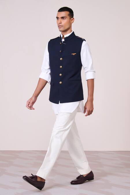 Buy_S&N By Shantnu Nikhil_Navy Rayon, Spandex, Tencel Faux Leather Accent Waistcoat_Online_at_Aza_Fashions