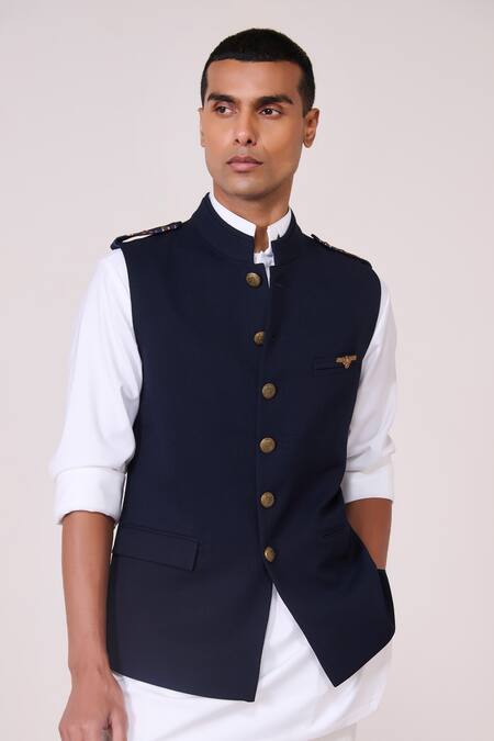 Shop_S&N By Shantnu Nikhil_Navy Rayon, Spandex, Tencel Faux Leather Accent Waistcoat_Online_at_Aza_Fashions