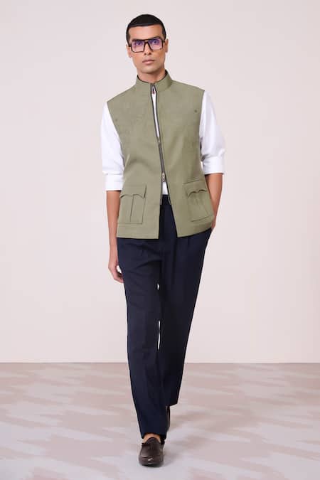 S&N By Shantnu Nikhil Green Linen Embroidery Military Sartorial Waistcoat 