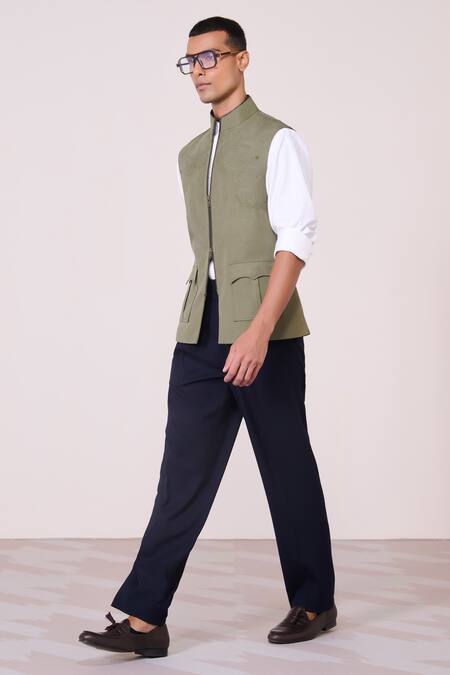 S&N By Shantnu Nikhil_Green Linen Embroidery Military Sartorial Waistcoat_Online_at_Aza_Fashions