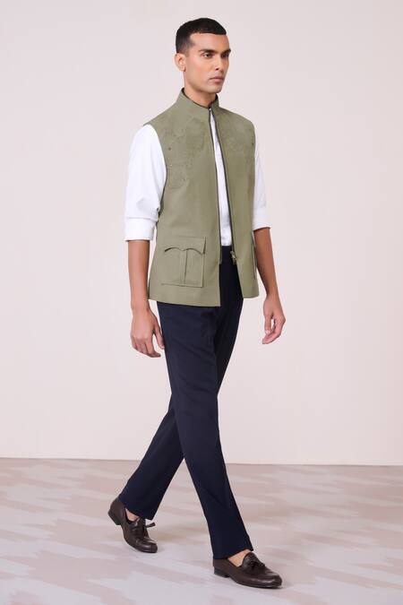 Buy_S&N By Shantnu Nikhil_Green Linen Embroidery Military Sartorial Waistcoat_Online_at_Aza_Fashions