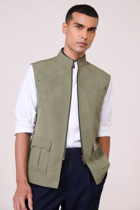 Shop_S&N By Shantnu Nikhil_Green Linen Embroidery Military Sartorial Waistcoat_Online_at_Aza_Fashions