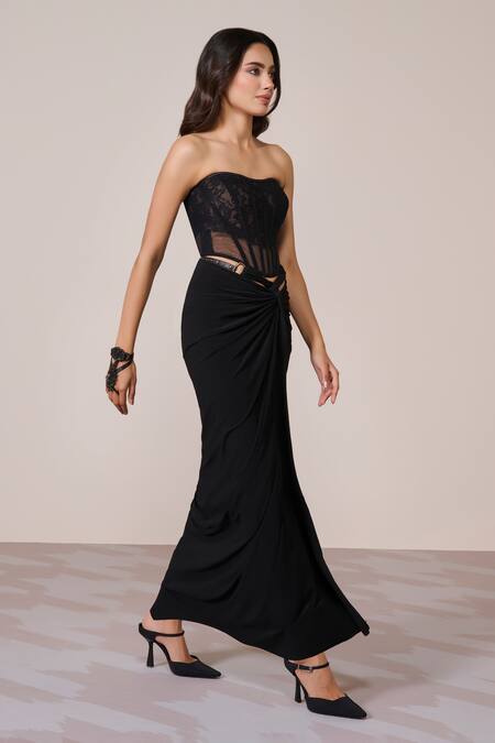 S&N By Shantnu Nikhil_Black Lace, Mesh Corset Top_Online_at_Aza_Fashions