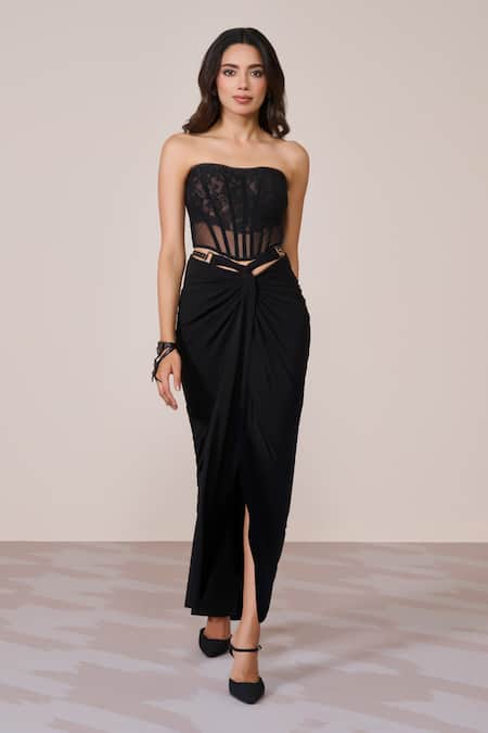 S&N By Shantnu Nikhil Black Lace, Mesh Corset Top 