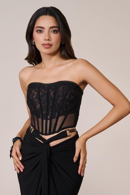Shop_S&N By Shantnu Nikhil_Black Lace, Mesh Corset Top_Online_at_Aza_Fashions