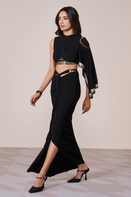 Buy_S&N By Shantnu Nikhil_Black Jersey, Spandex Asymmetric One-sleeve Top_Online_at_Aza_Fashions